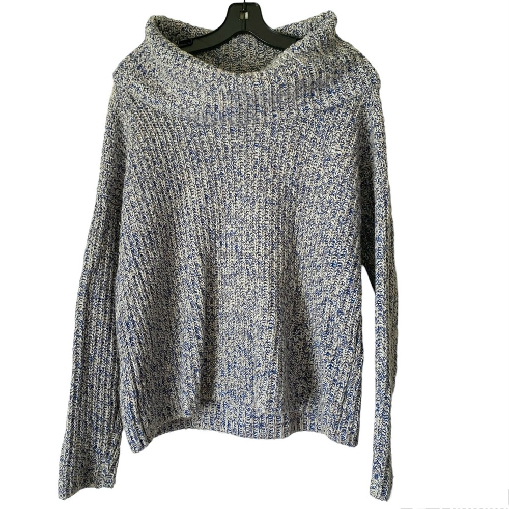 Lands End Turtleneck Chunky Knit Blue White Multicolor Sweater Size M Petite